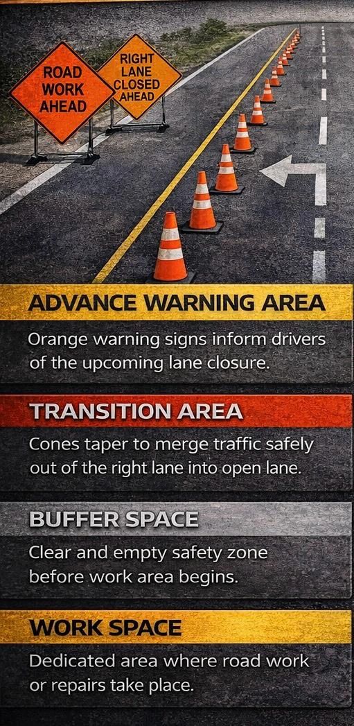 Work zone layout diagram showing advance warning area, transition area, buffer space, and work space